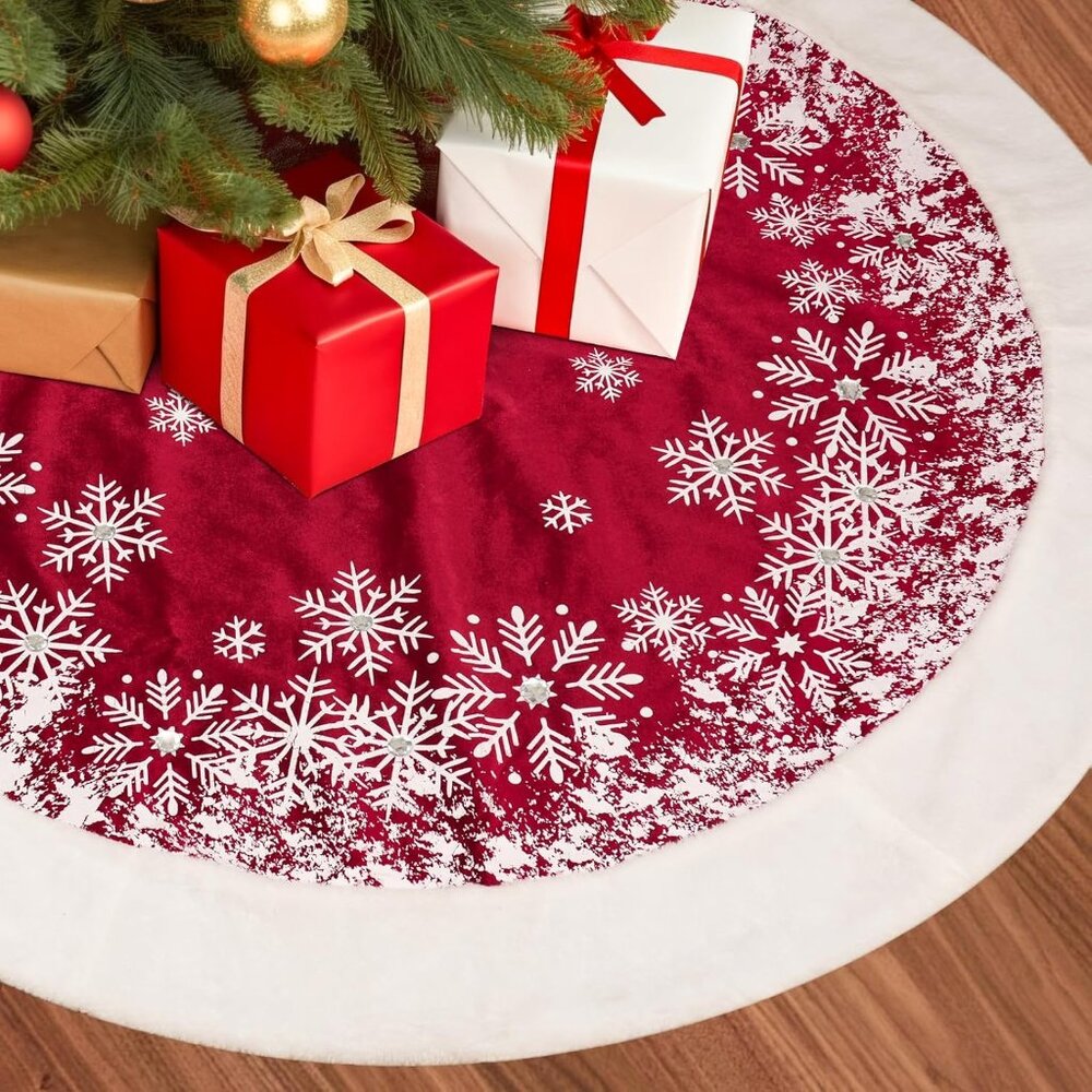 Christmas Tree Skirt Snowflakes Tree Blanket Holiday Red & White 48" Diameter